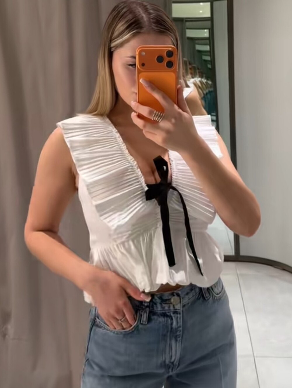 ZARA PLEATED RUFFLE BOW TOP - Picture 3 of 9